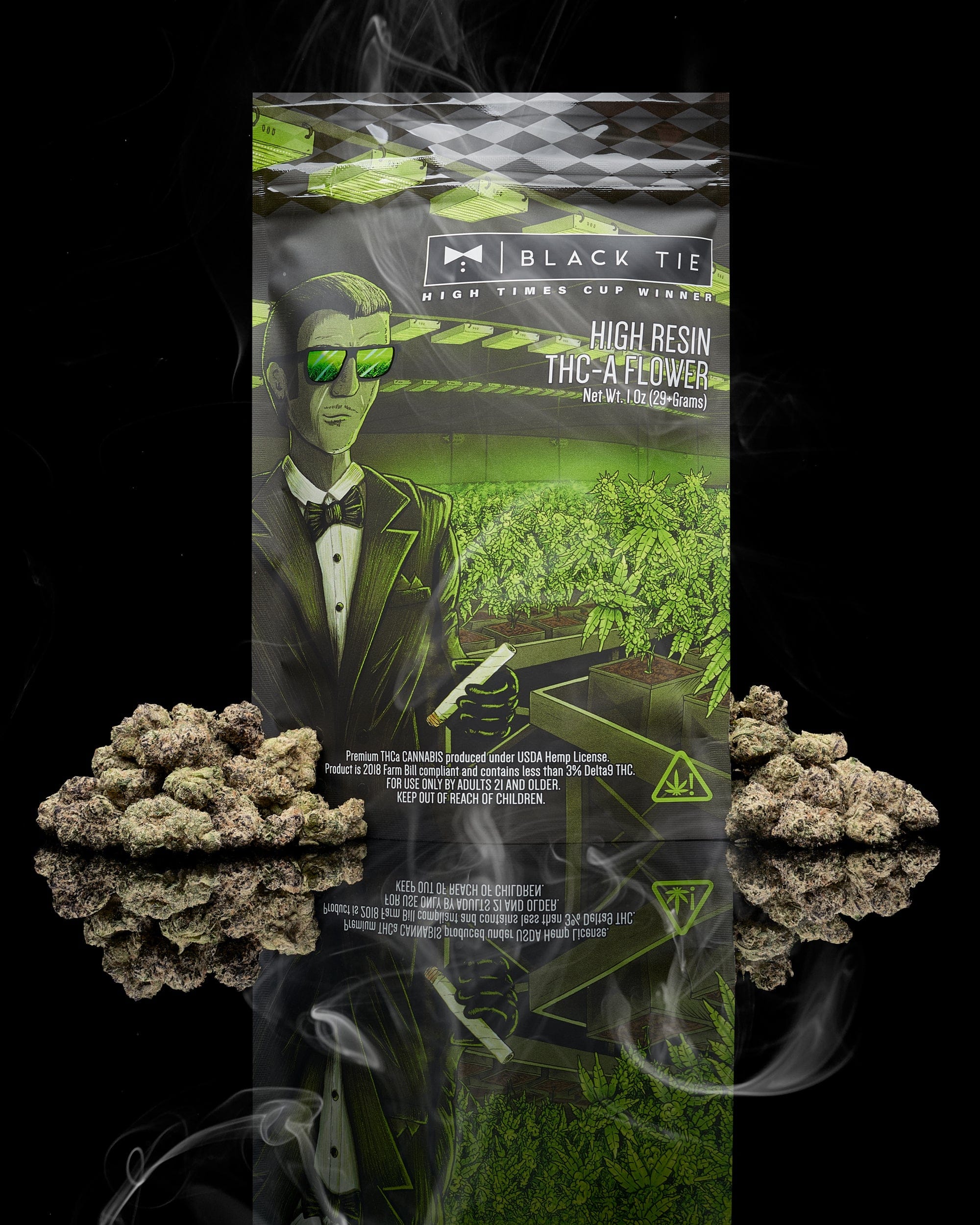 Black_Tie_-_Archive_Runtz_flower_front_of_bag_with_flower_and_smoke_black_background